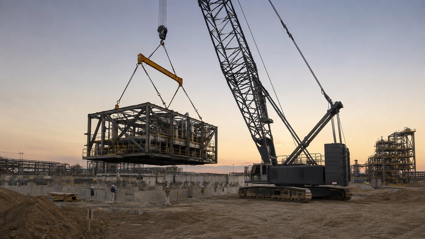Crawler crane lifting a process module on an energy construction site at dawn