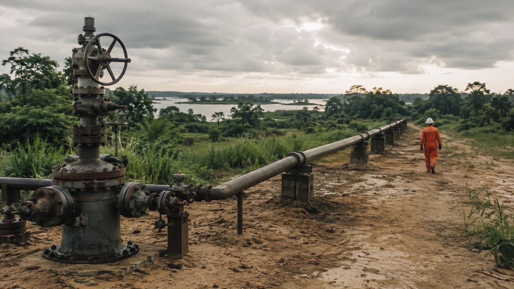 Wellhead and flowline in delta vegetation