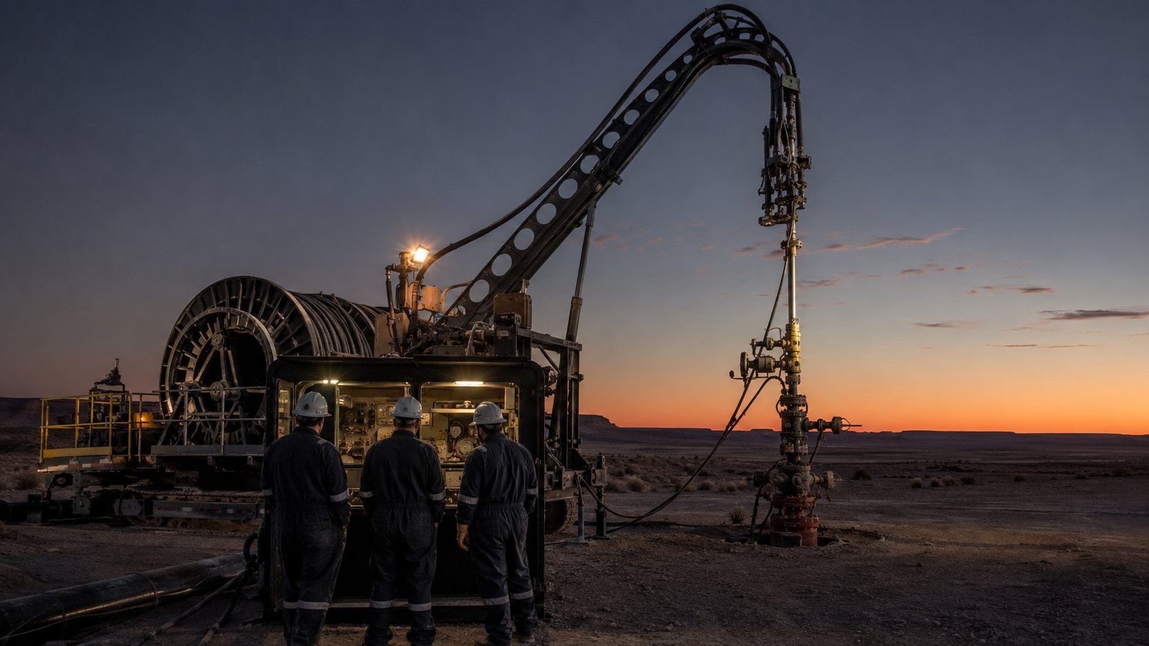 Coiled tubing unit over a wellhead at dusk with the crew at the control cabin