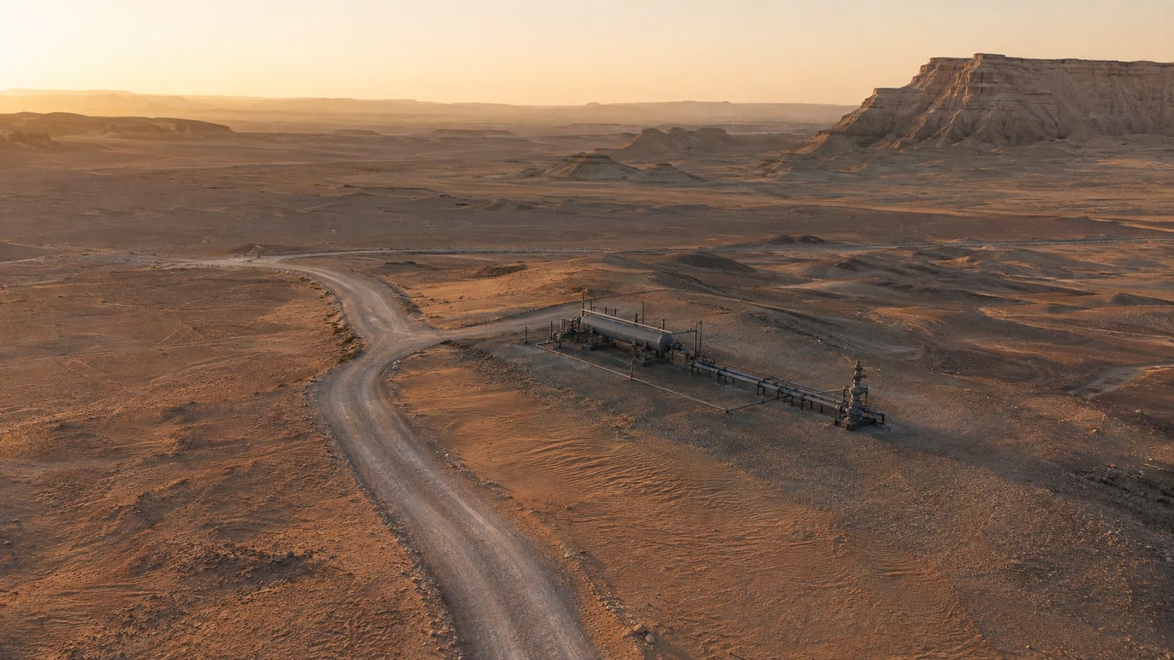 Aerial view of a desert wellpad at dawn