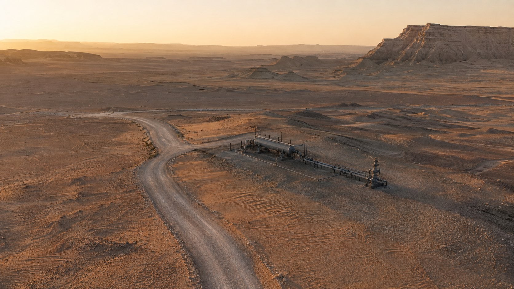 Aerial view at dawn over a desert oilfield wellpad and flowlines