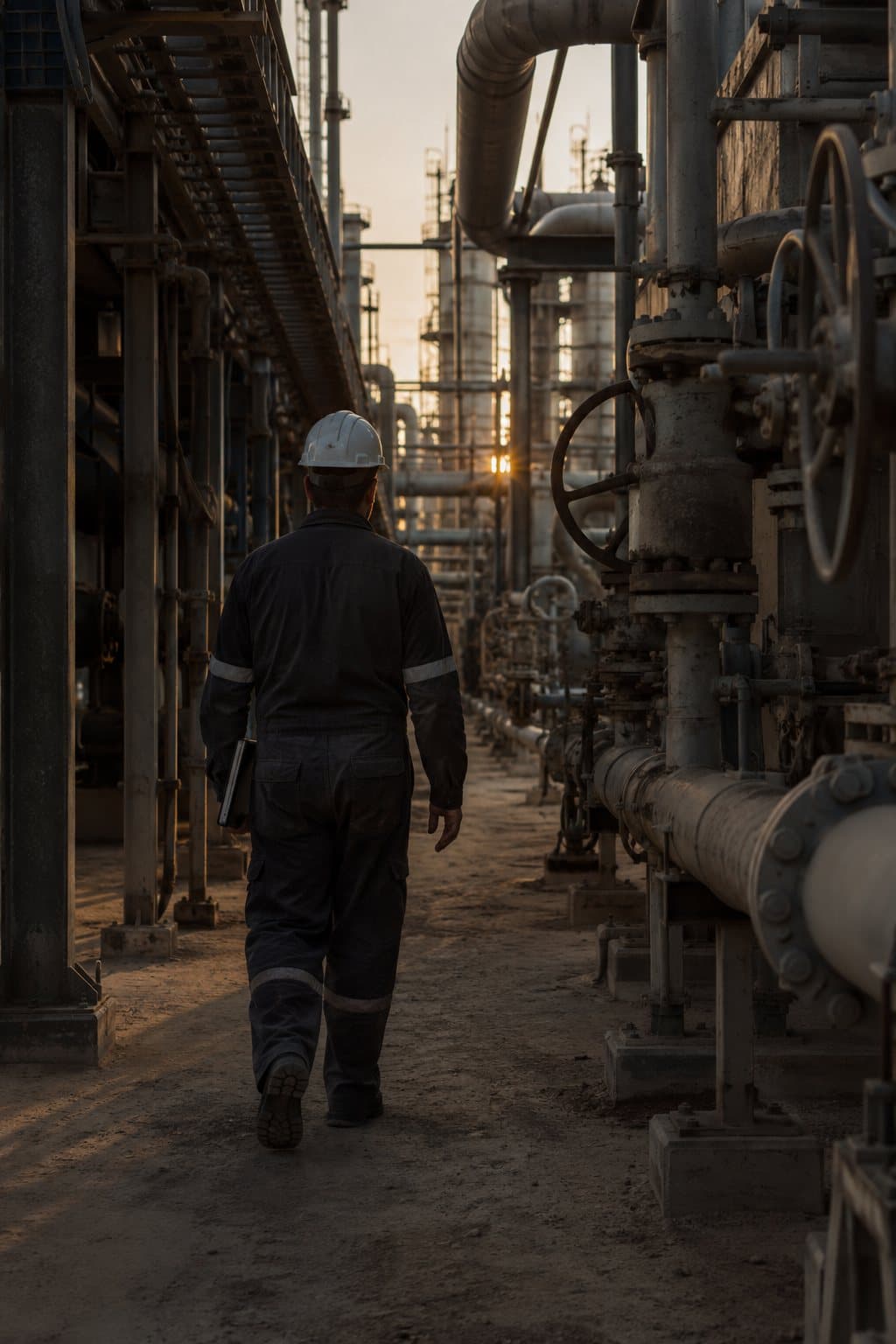 Engineer walking through a processing facility with a tablet