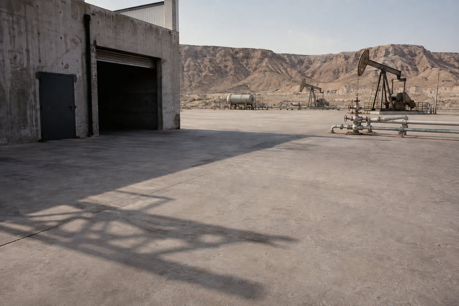 Service workshop beside an onshore oilfield with pumpjacks and a wellhead