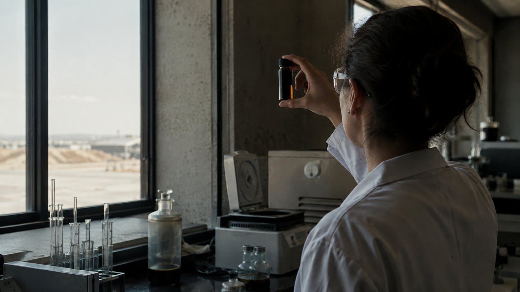 Laboratory technician holding a vial of crude oil to the light